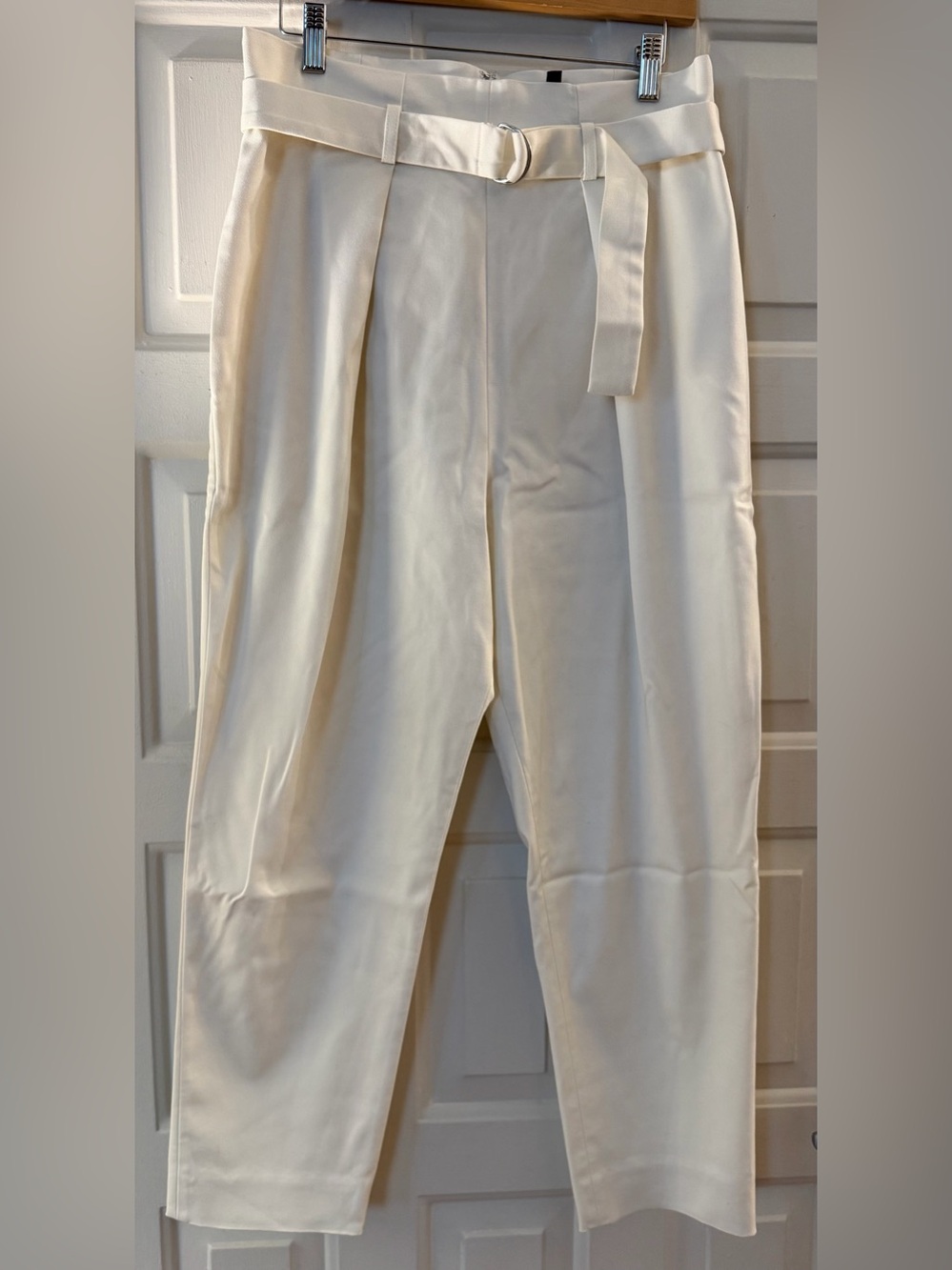 BCBG MaxAzria High-Waist Ankle-Crop Pant with Self-Tie Belt Off White